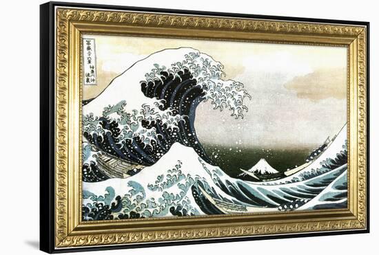 Great Wave off Kanagawa Hokusai Poster with Gilded Faux Frame Border-null-Framed Stretched Canvas