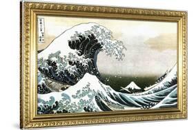 Great Wave off Kanagawa Hokusai Poster with Gilded Faux Frame Border-null-Stretched Canvas