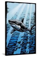 Great White Shark - Scratchboard-Lantern Press-Stretched Canvas