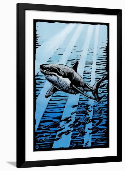 Great White Shark - Scratchboard-Lantern Press-Framed Art Print