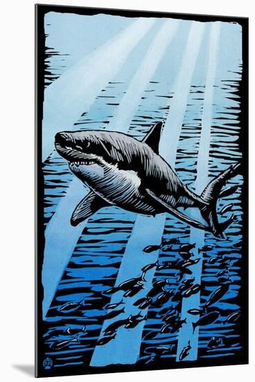 Great White Shark - Scratchboard-Lantern Press-Mounted Art Print