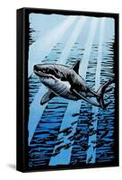 Great White Shark - Scratchboard-Lantern Press-Framed Stretched Canvas