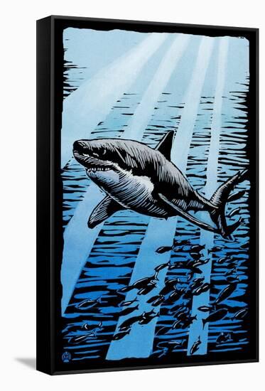 Great White Shark - Scratchboard-Lantern Press-Framed Stretched Canvas