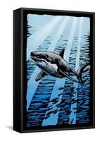 Great White Shark - Scratchboard-Lantern Press-Framed Stretched Canvas