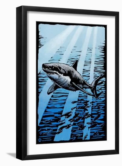 Great White Shark - Scratchboard-Lantern Press-Framed Art Print