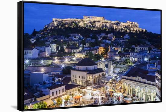 Greece, Athens of Monastiraki Square and Acropolis-Walter Bibikow-Framed Stretched Canvas