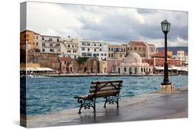 Greece, Crete, Chania, Venetian Harbour, Waterside Promenade, Bench-Catharina Lux-Stretched Canvas