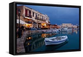 Greece, Crete, Rethimnon, Venetian Harbour, Illuminated, in the Evening-Catharina Lux-Framed Stretched Canvas