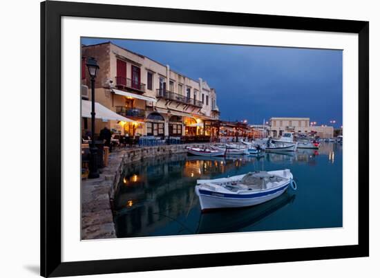 Greece, Crete, Rethimnon, Venetian Harbour, Illuminated, in the Evening-Catharina Lux-Framed Photographic Print