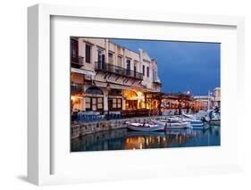 Greece, Crete, Rethimnon, Venetian Harbour, Illuminated, in the Evening-Catharina Lux-Framed Photographic Print