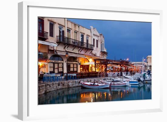 Greece, Crete, Rethimnon, Venetian Harbour, Illuminated, in the Evening-Catharina Lux-Framed Photographic Print