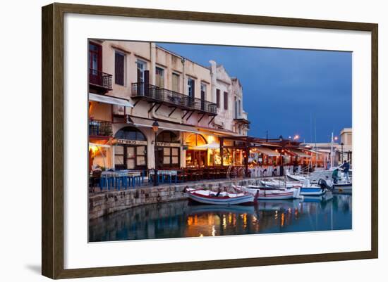 Greece, Crete, Rethimnon, Venetian Harbour, Illuminated, in the Evening-Catharina Lux-Framed Photographic Print