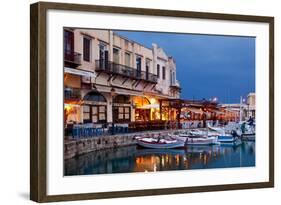 Greece, Crete, Rethimnon, Venetian Harbour, Illuminated, in the Evening-Catharina Lux-Framed Photographic Print