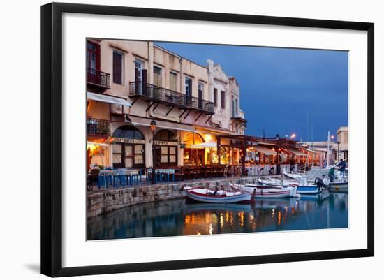 Greece, Crete, Rethimnon, Venetian Harbour, Illuminated, in the Evening-Catharina Lux-Framed Photographic Print