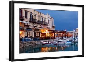 Greece, Crete, Rethimnon, Venetian Harbour, Illuminated, in the Evening-Catharina Lux-Framed Photographic Print