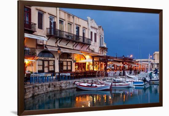 Greece, Crete, Rethimnon, Venetian Harbour, Illuminated, in the Evening-Catharina Lux-Framed Photographic Print