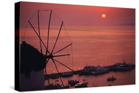 Greece, Cyclades Islands, Mykonos. Boni Windmill and Mykonos Harbor-Walter Bibikow-Stretched Canvas