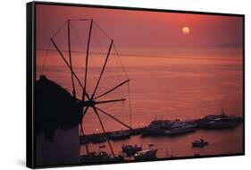 Greece, Cyclades Islands, Mykonos. Boni Windmill and Mykonos Harbor-Walter Bibikow-Framed Stretched Canvas
