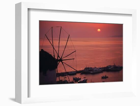 Greece, Cyclades Islands, Mykonos. Boni Windmill and Mykonos Harbor-Walter Bibikow-Framed Photographic Print