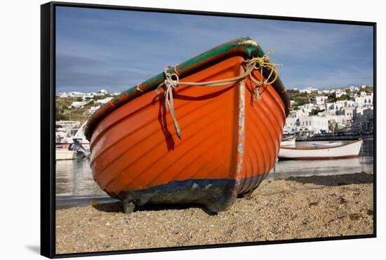 Greece, Cyclades, Mykonos, Hora. Harbor view with fishing boats.-Cindy Miller Hopkins-Framed Stretched Canvas