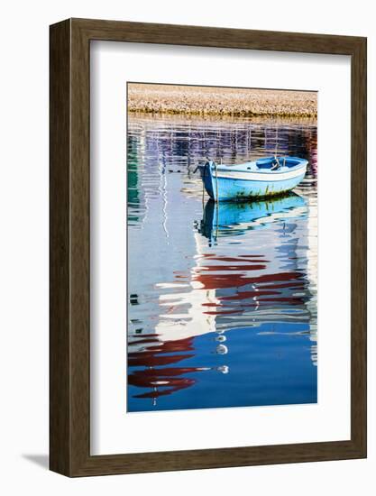 Greece, Mykonos, Hora, Fishing Boat and Reflection of a Church in the Water-Hollice Looney-Framed Photographic Print