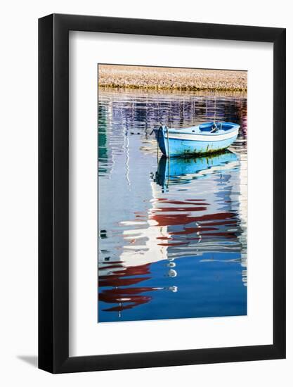 Greece, Mykonos, Hora, Fishing Boat and Reflection of a Church in the Water-Hollice Looney-Framed Photographic Print