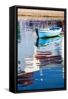 Greece, Mykonos, Hora, Fishing Boat and Reflection of a Church in the Water-Hollice Looney-Framed Stretched Canvas