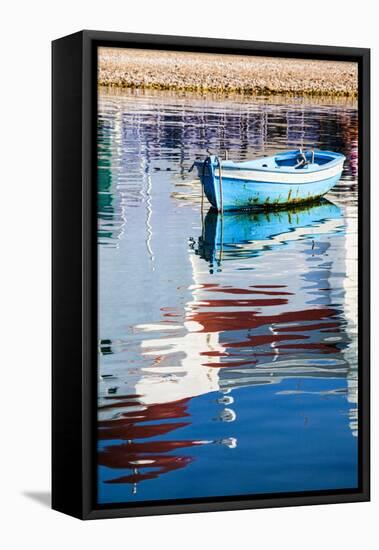 Greece, Mykonos, Hora, Fishing Boat and Reflection of a Church in the Water-Hollice Looney-Framed Stretched Canvas