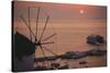 Greece, Mykonos, Sunset over Cruise Liner and Windmill-Walter Bibikow-Stretched Canvas