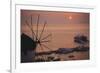 Greece, Mykonos, Sunset over Cruise Liner and Windmill-Walter Bibikow-Framed Photographic Print