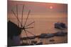 Greece, Mykonos, Sunset over Cruise Liner and Windmill-Walter Bibikow-Mounted Photographic Print