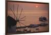 Greece, Mykonos, Sunset over Cruise Liner and Windmill-Walter Bibikow-Framed Photographic Print