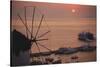 Greece, Mykonos, Sunset over Cruise Liner and Windmill-Walter Bibikow-Stretched Canvas