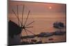 Greece, Mykonos, Sunset over Cruise Liner and Windmill-Walter Bibikow-Mounted Photographic Print