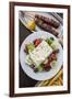 Greece, Peloponnese, Corinth, Greek Salad with Souvlaki and Fries-Walter Bibikow-Framed Photographic Print