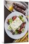 Greece, Peloponnese, Corinth, Greek Salad with Souvlaki and Fries-Walter Bibikow-Mounted Photographic Print