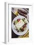 Greece, Peloponnese, Corinth, Greek Salad with Souvlaki and Fries-Walter Bibikow-Framed Photographic Print