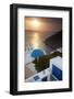 Greece, Santorini. Blue dome and bell tower at sunset-Hollice Looney-Framed Photographic Print