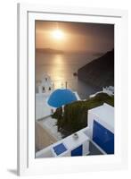 Greece, Santorini. Blue dome and bell tower at sunset-Hollice Looney-Framed Photographic Print