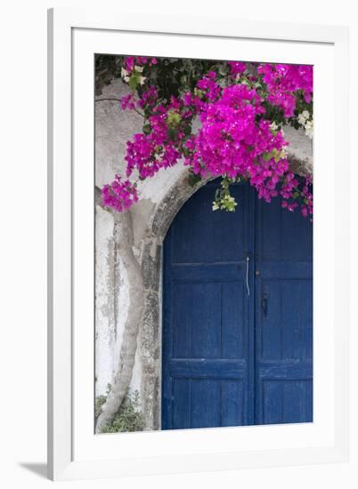 Greece, Santorini. Weathered blue door is framed by bright pink Bougainvillea blossoms.-Brenda Tharp-Framed Photographic Print