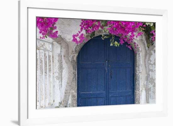 Greece, Santorini. Weathered blue door is framed by bright pink Bougainvillea blossoms.-Brenda Tharp-Framed Photographic Print