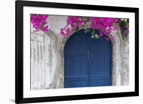 Greece, Santorini. Weathered blue door is framed by bright pink Bougainvillea blossoms.-Brenda Tharp-Framed Photographic Print