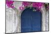 Greece, Santorini. Weathered blue door is framed by bright pink Bougainvillea blossoms.-Brenda Tharp-Mounted Photographic Print