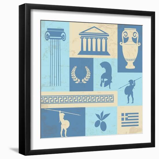 Greece Symbols And Landmarks On Retro Poster-radubalint-Framed Art Print