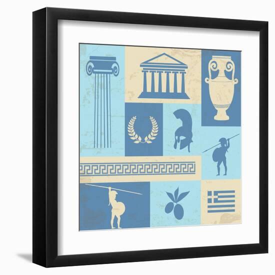 Greece Symbols And Landmarks On Retro Poster-radubalint-Framed Art Print