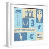 Greece Symbols And Landmarks On Retro Poster-radubalint-Framed Art Print