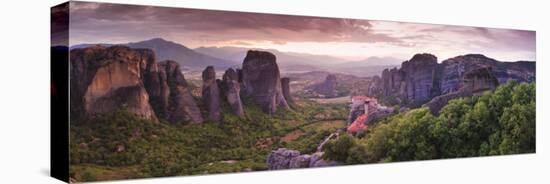 Greece, Thessaly, Meteora, Panoramic View of Meteora and Holy Monastery of Rousanou-Michele Falzone-Stretched Canvas