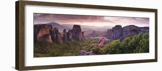 Greece, Thessaly, Meteora, Panoramic View of Meteora and Holy Monastery of Rousanou-Michele Falzone-Framed Photographic Print