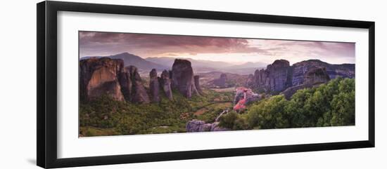 Greece, Thessaly, Meteora, Panoramic View of Meteora and Holy Monastery of Rousanou-Michele Falzone-Framed Photographic Print