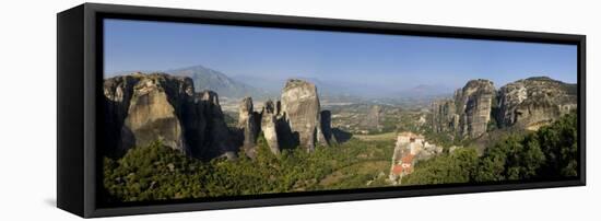 Greece, Thessaly, Meteora, Panoramic View of Meteora and Holy Monastery of Rousanou-Michele Falzone-Framed Stretched Canvas